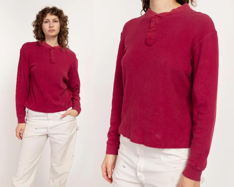 Med-Lrg 80s Wine Red Cotton Henley Shirt Unisex