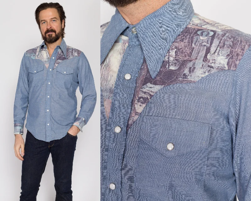 Medium 70s Chambray Quilted Photo Print Western Shirt