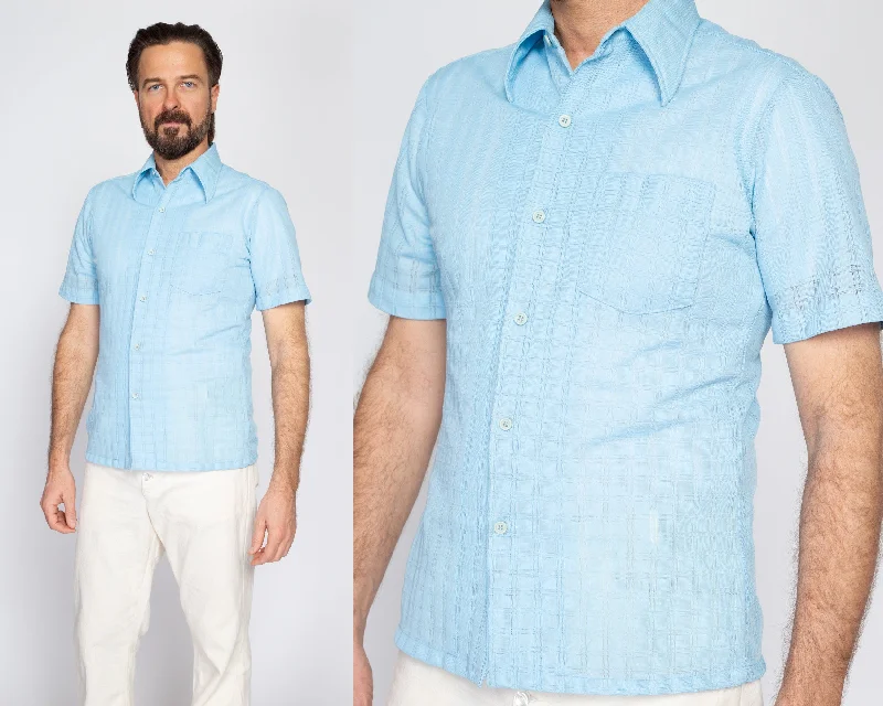 Medium 70s Sky Blue Knit Collared Shirt