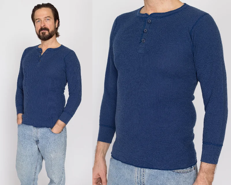 Medium 80s Navy Blue Waffle Knit Henley Shirt