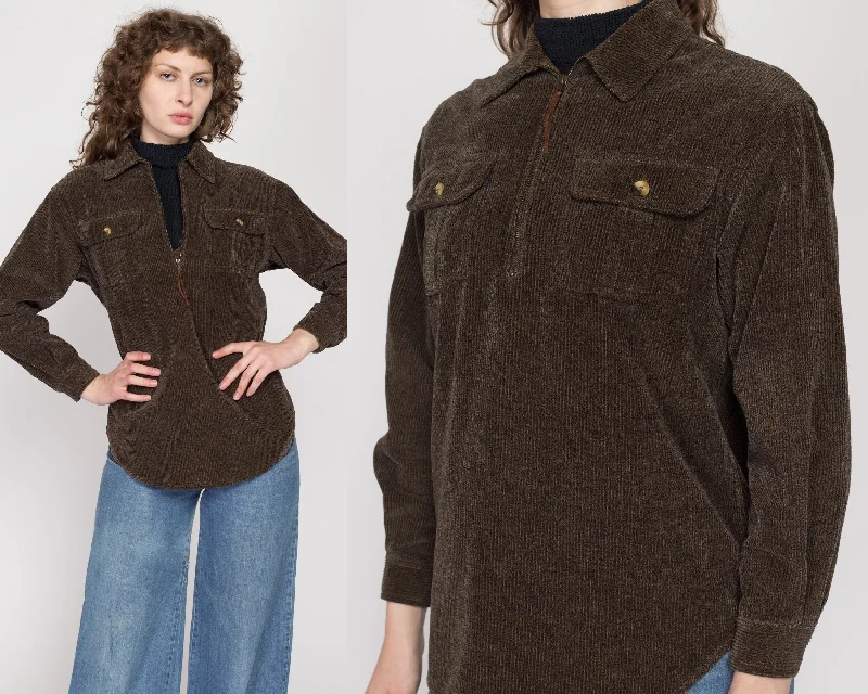 Petite Medium 90s Dark Olive Corduroy Zip Up Shirt