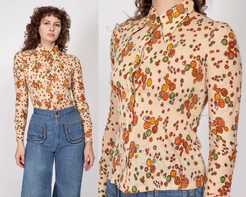 XS 70s Boho Beige Floral Dagger Collar Shirt