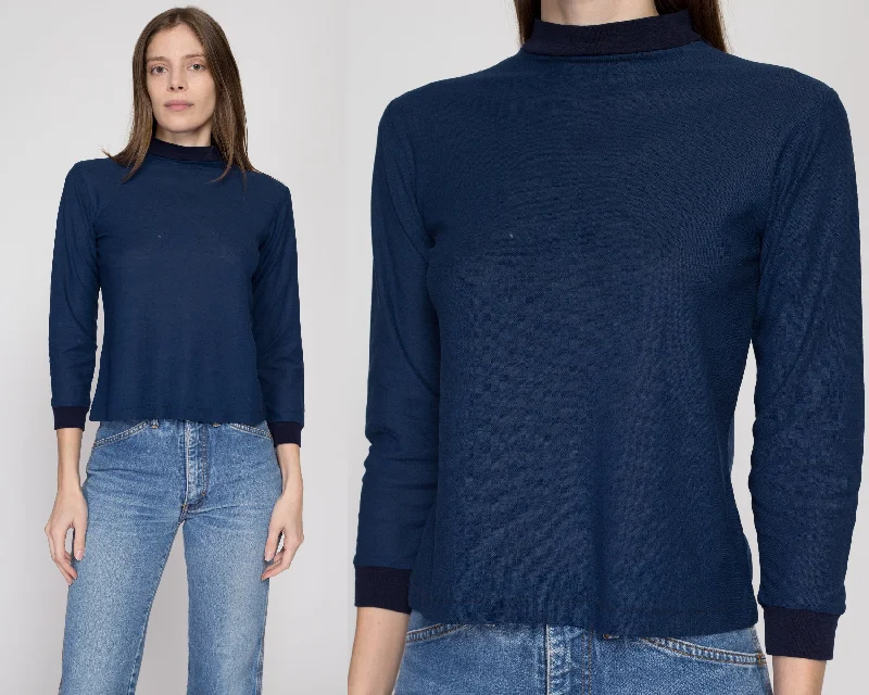 XS 70s Plain Navy Blue Ringer Shirt Petite