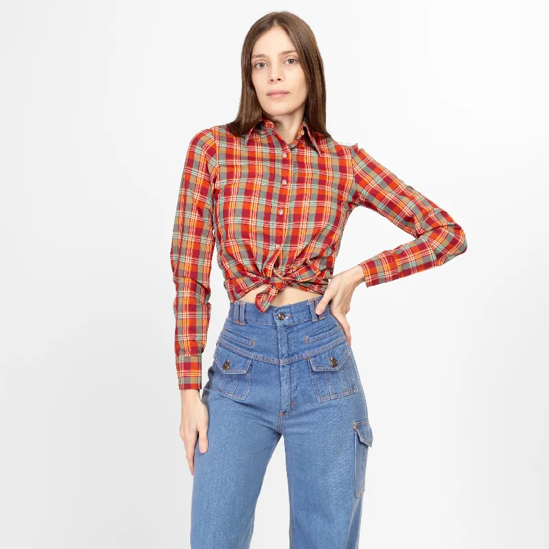 XXS-XS 70s Red Plaid Collared Shirt Petite