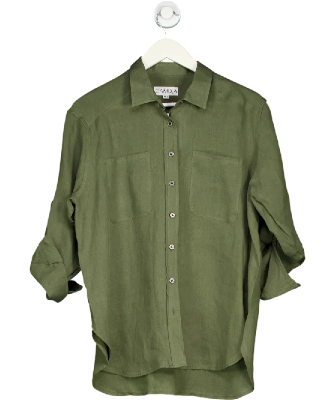 CAMIXA Luna Olive Green Oversized Linen Shirt With Pockets UK XS/S