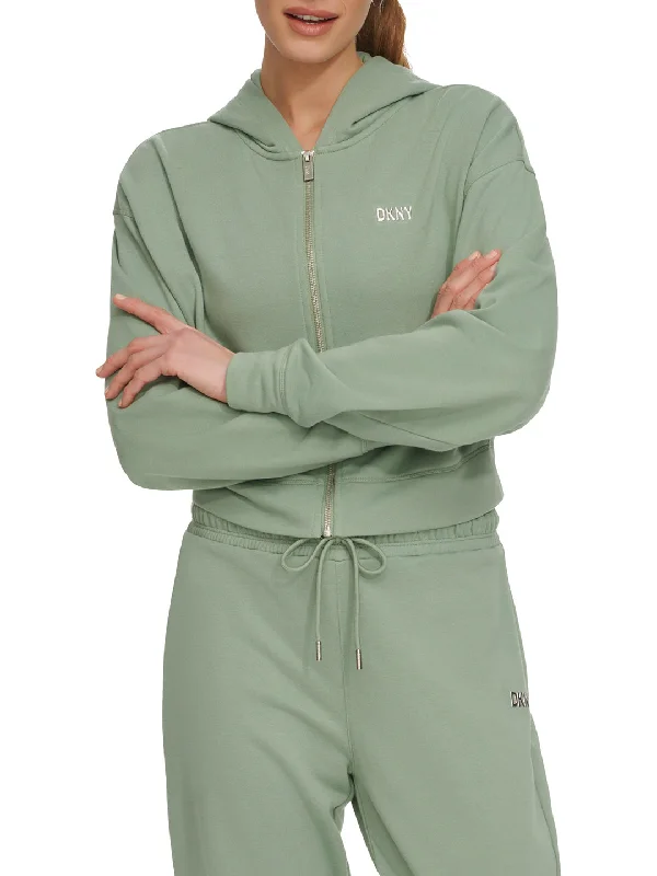 Dkny Women Green Solid Hooded Full Sleeves Zipped Sweatshirt