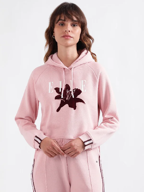 Elle Women Pink Printed Hooded Full Sleeves Pullover Style Sweatshirt