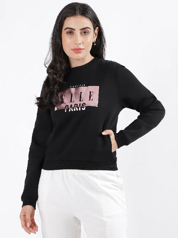 Elle Women Black Printed Round Neck Full Sleeves Pullover Style Sweatshirt