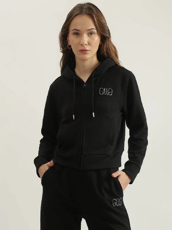 Elle Women Black Solid Hooded Full Sleeves Sweatshirt