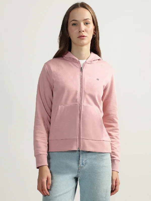 Gant Women Pink Solid Hooded Full Sleeves Front-open Sweatshirt