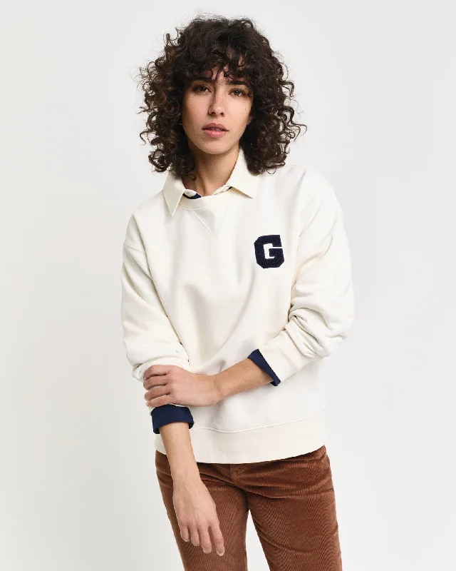 Gant Women Cream Solid Round Neck Full Sleeves Sweatshirt