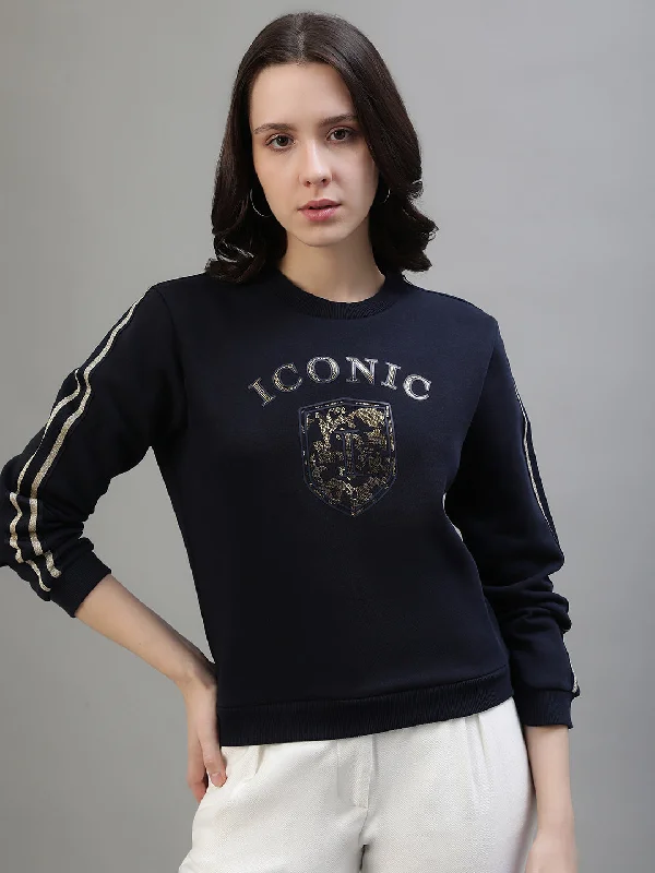 Iconic Women Blue Printed Round Neck Sweatshirt