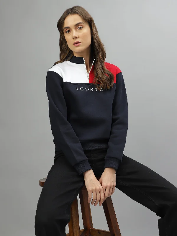 Iconic Women Multicolor Colorblocked Stand Collar Full Sleeves Sweatshirt