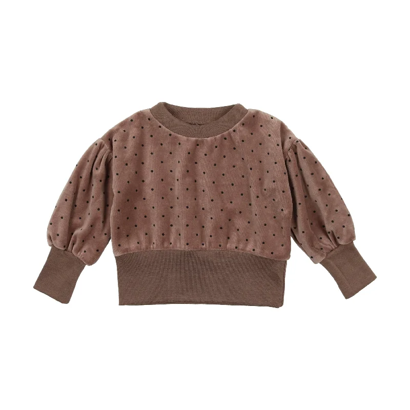 Analogie Taupe Dotted Velour Puff Sleeve Sweatshirt [Final Sale]