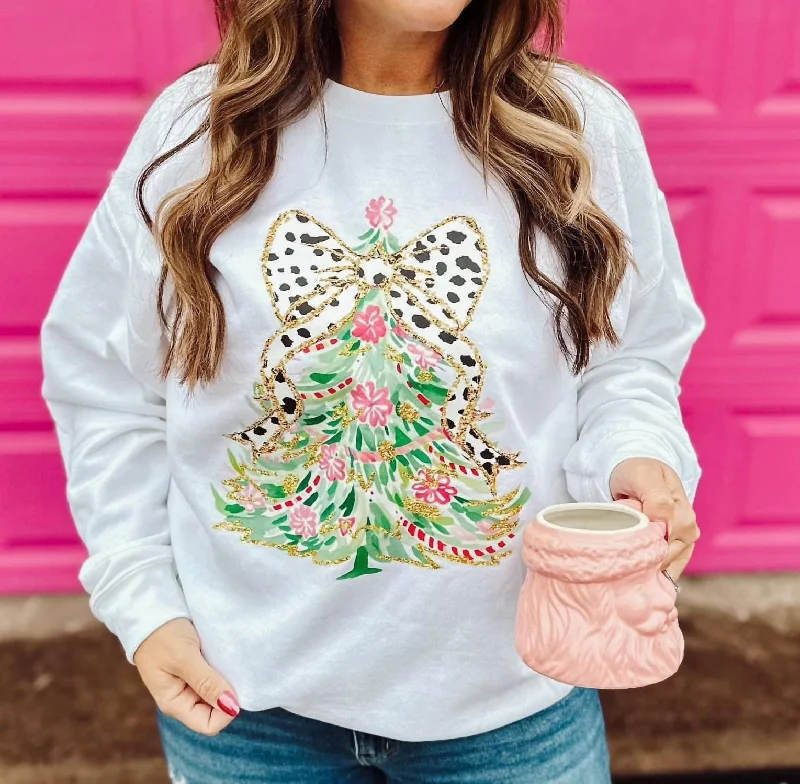 Faux Glitter Painted Tree Sweatshirt In White