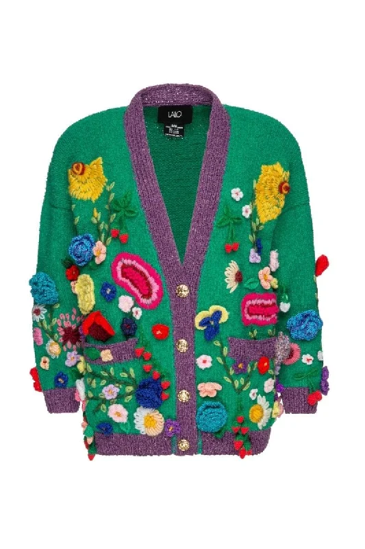 FLORIS GREEN EMBROIDERED OVERSIZED CARDI